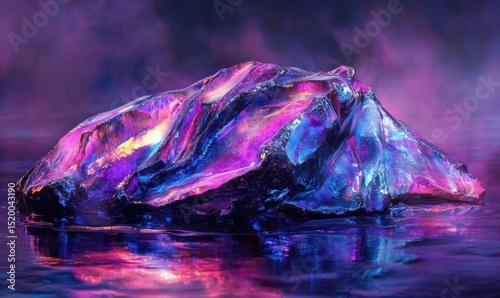 Iridescent crystal rock on dark water, fantasy background, digital art, album cover