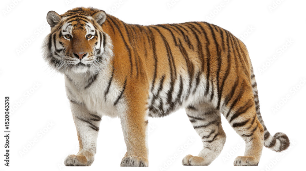 Obraz premium Majestic Tiger Portrait: A stunning full-body shot of a regal tiger, exuding power and grace. Its vibrant orange and black stripes stand out in sharp detail.