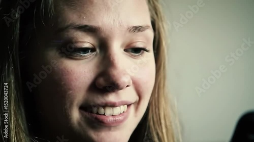 Girl uses smartphone facial recognition with glitch on her face