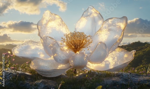 Luminous flower sunset mountain landscape, nature beauty, peaceful scene, digital art, desktop wallpaper