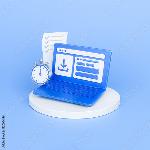 3D Time Management Dashboard – Laptop Interface with Checklist and Download UI