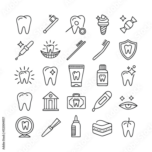 Tooth Brushing and Oral Hygiene Icon Collection – Vector Line Icons of Dental Tools, Tooth Protection, Mouth Care, and Daily Cleaning Essentials