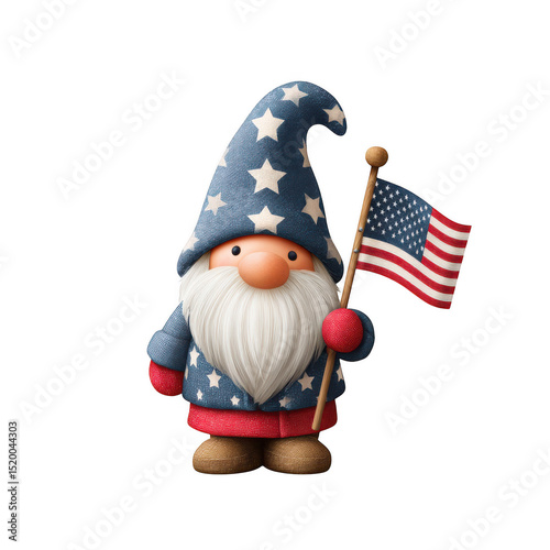 Patriotic gnome holding american flag isolated on transparent background