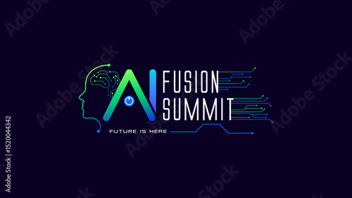 AI Fusion Summit Logo with Digital Brain and Circuit Elements on Dark Background