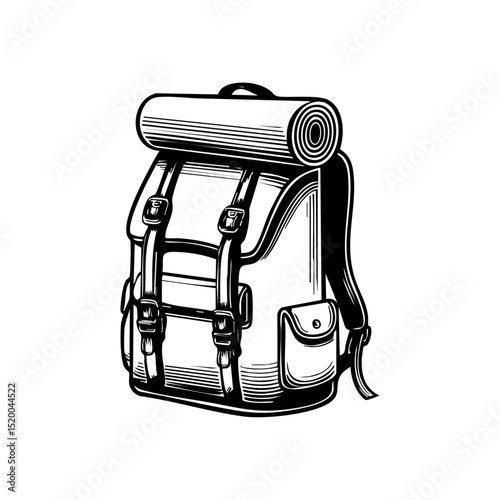 classic backpack with a rolled map inside, symbolizing travel, exploration, and adventure.