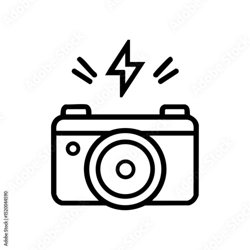 Vector line icon of a camera with a flash symbol above, representing photography, snapshots, or media creation.

