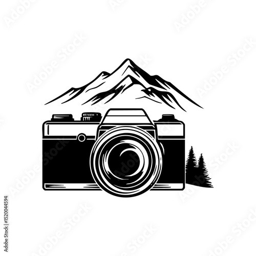 Black and white vector logo of a camera with a scenic mountain backdrop, symbolizing adventure and landscape photography.

