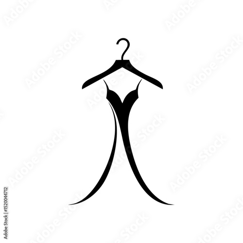 Black vector illustration of a flowing gown on a hanger, symbolizing high fashion, elegance, and formalwear.

