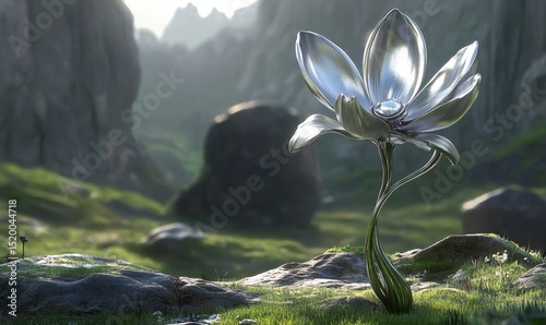 Metallic flower blooms in a rocky mountain valley; serene nature background, ideal for fantasy or sci-fi concepts