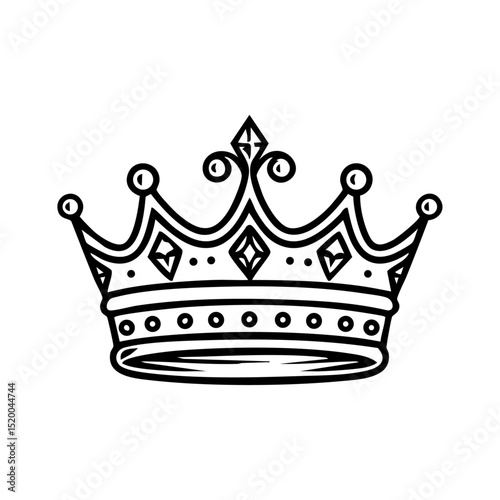 Line art vector of a royal crown with diamonds and decoration, perfect for luxury, royalty, or fantasy themes.

