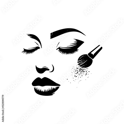 Elegant vector of a woman’s face with closed eyes and a makeup brush applying powder, symbolizing beauty and cosmetics.

