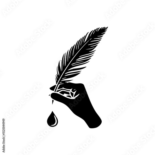 Elegant vector illustration of a hand holding a feather quill with an ink droplet, symbolizing writing, creativity, and literature.

