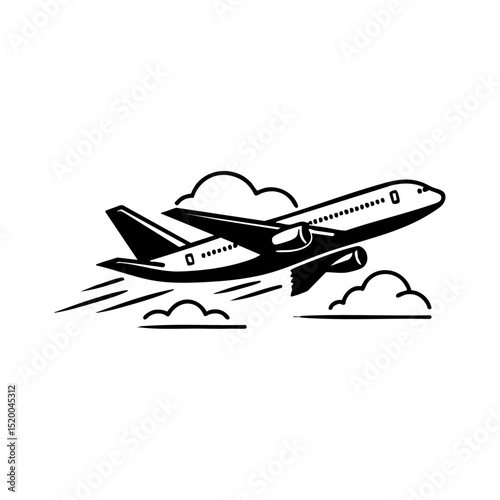 Powerful commercial airliner illustration flying above clouds in bold minimalist style.

