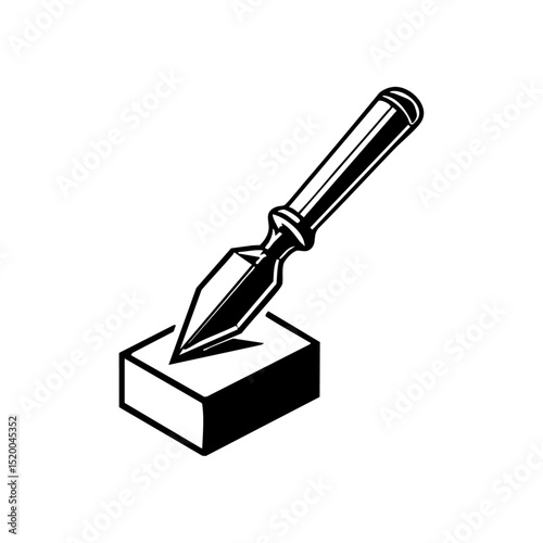 Minimalist vector logo of a sculptor’s chisel piercing a stone block, symbolizing craftsmanship and creation.

