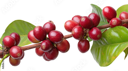 Coffee Cherry Branch: Close-up image showcasing a coffee plant branch, laden with ripe, vibrant red coffee cherries, complemented by lush green leaves.