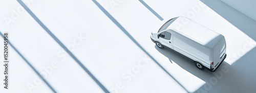 White cargo delivery van parked on a sun lit parking lot, view from above. Banner with copy space at side. Generative AI