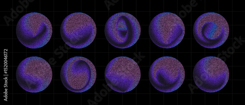 Set of abstract 3D shapes in vector stippling style. Colorful dotted spheres with gradient shading on dark grid background. Futuristic, textured elements for digital design.