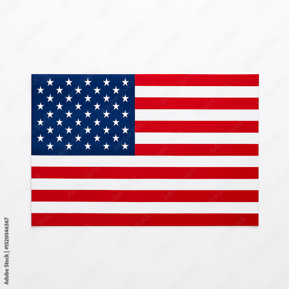 Fototapeta premium United States national flag with 50 white stars and 13 red and white stripes on a clean white background. Symbol of American identity, patriotism, and national holidays.