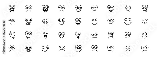 A diverse collection of black and white cartoon facial expressions, including happy, sad, angry, surprised, and more emoji, emoticons, suitable for various design projects