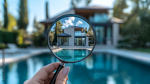 A woman's hand holds a magnifying glass aimed at a luxury private house in the suburbs. The concept of buying, renting, evaluating and real estate services