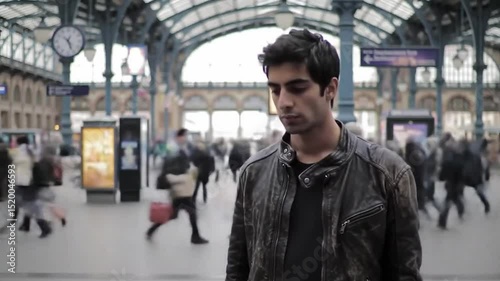 Young Man Still in Busy Station While Crowd Blurs Around