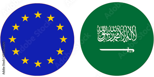 European Union Official flag with Saudi Arabia national flag, both countries flags are in Round shape and isolated on white background, Circular colorful design Flag with together.
Saudi Arabia