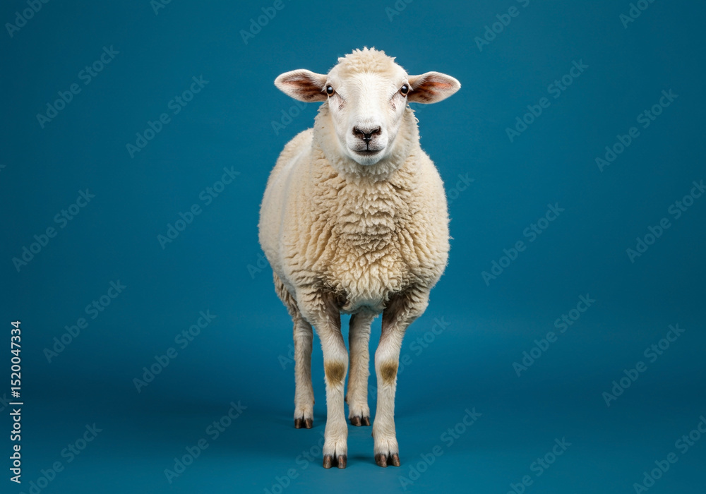 Fototapeta premium A fluffy white sheep stands against a vibrant teal backdrop, showcasing its soft wool and gentle expression a perfect farm animal portrait.