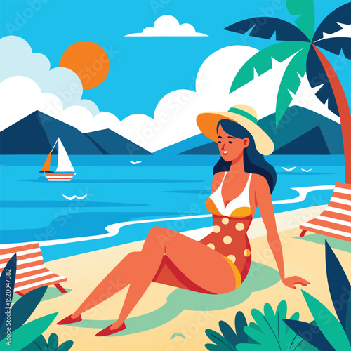 young woman on the beach, girl on the beach, women sit on a beach in summer season, seascape vacation time woman on the beach