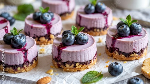 Mini cheesecakes with blueberries.  The dessert has a creamy lavender filling of blueberries and cashews with a thick nutty crust of crackers. The top is decorated with blueberries and mint leaves.