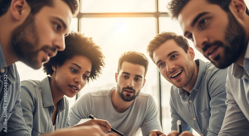 Obraz premium Group of business professionals looking down at a table in a modern office setting with sunlight streaming in. Diverse team collaborating focused on a project.