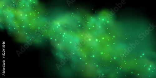 Realistic texture of fantastic smoke background. Green fog with glitter and shimmering glowing particles. Starry neon magic dust.