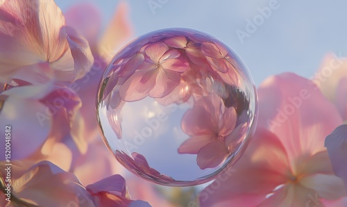 Pink hydrangeas reflected in glass sphere, outdoors, springtime