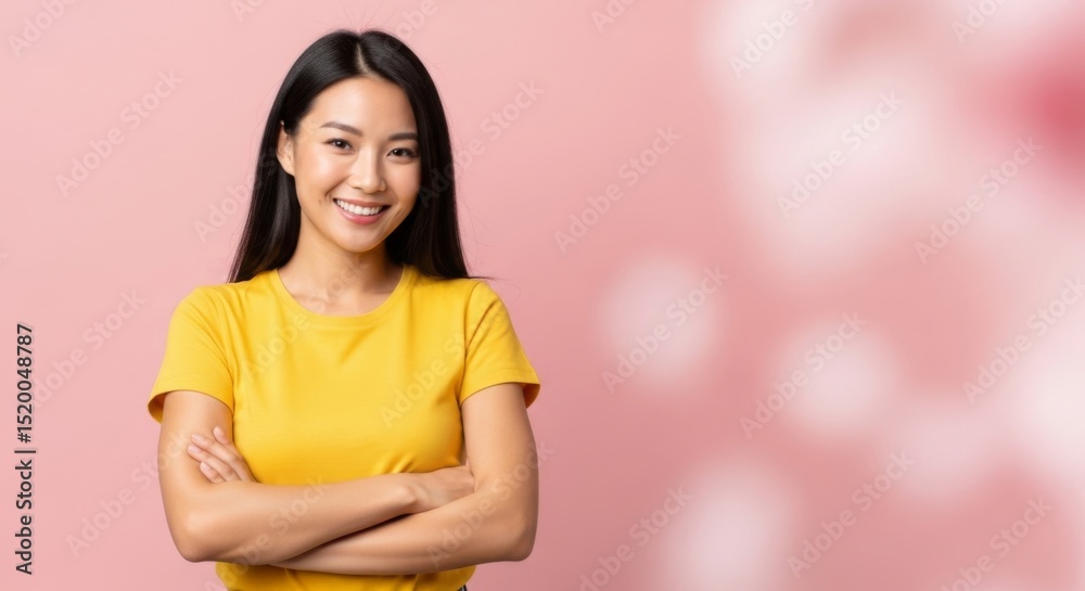Obraz premium Confident woman smiling in yellow t shirt against pink background for modern portrait design