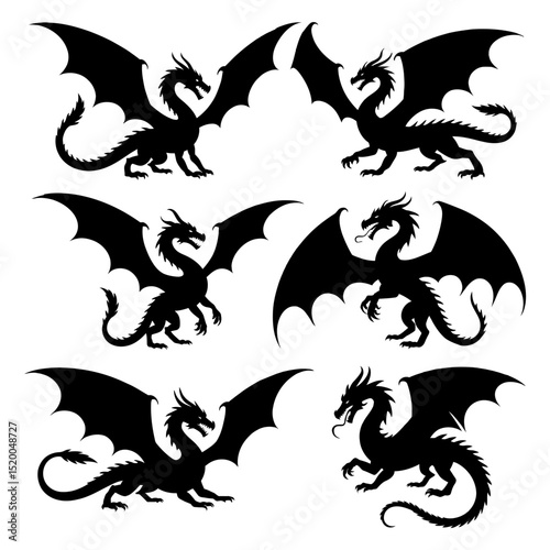 Silhouette illustration showcasing a collection of dragons with varied wing positions and poses