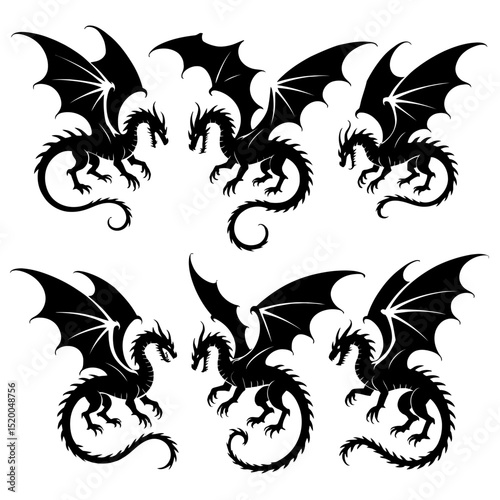 Collection of six black silhouette dragon illustrations with wings and curled tails isolated
