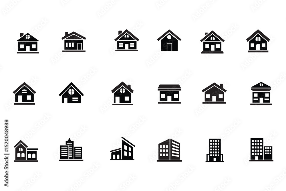 Real estate house icons set with outline design and property symbols.