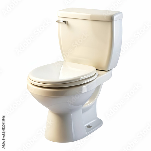 Realistic three quarter angle view of a cream colored ceramic toilet on white background
