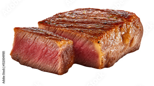 Savory Slice: A meticulously grilled steak, showcasing the perfect sear and a succulent, juicy interior, ready to tantalize the senses.