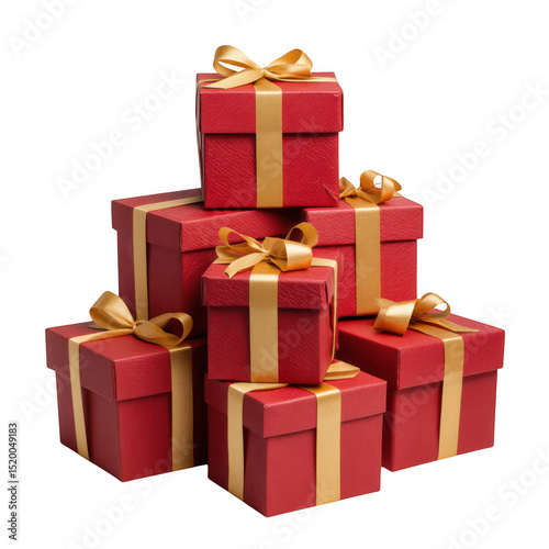 Stack of red gift boxes with gold ribbon isolated on transparent background