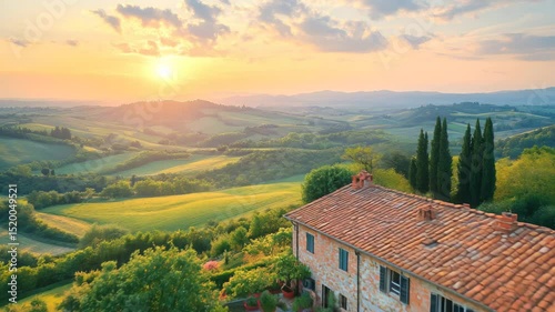 Rustic Stone Cottage at Sunset in the Rolling Tuscan Hills