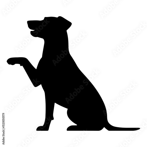 Silhouette of a dog sitting with its paw raised in a friendly gesture on a white background design