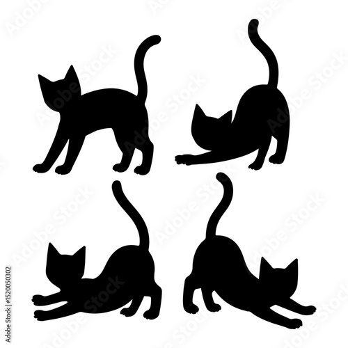 Four black cat silhouettes in various stretching poses against a white isolated background view