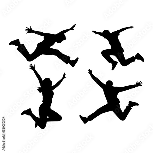 Silhouettes of four people jumping and posing with arms outstretched on a white background art