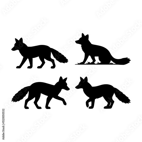 Four fox silhouettes in various poses standing and sitting isolated on a white background design vector