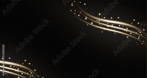 Gold curved light line, rope, ribbon. Smooth festive gold line png with light effects. Light golden swirl png. Curved golden line with light effect. Garland gold. PNG