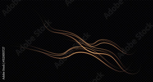 Gold curved light line, rope, ribbon. Smooth festive gold line png with light effects. Light golden swirl png. Curved golden line with light effect. Garland gold. PNG