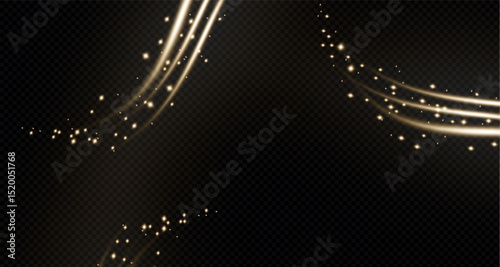 Gold curved light line, rope, ribbon. Smooth festive gold line png with light effects. Light golden swirl png. Curved golden line with light effect. Garland gold. PNG