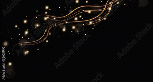 Gold curved light line, rope, ribbon. Smooth festive gold line png with light effects. Light golden swirl png. Curved golden line with light effect. Garland gold. PNG