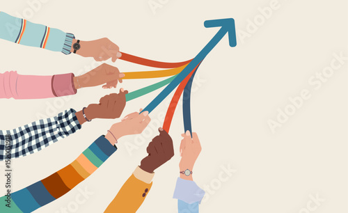 Diverse hands pulling together colorful arrows forming an upward arrow symbolizing growth and unity 