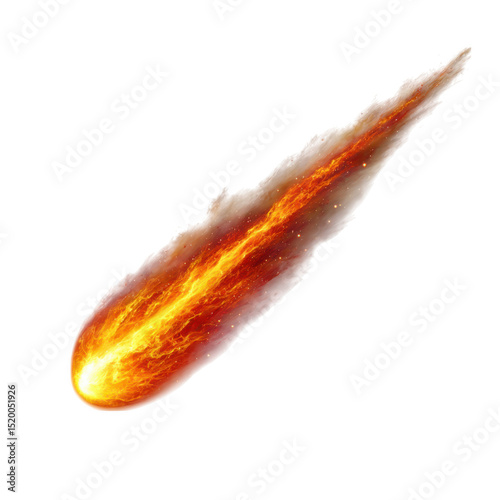 Fiery meteoroid falling through space isolated on transparent background